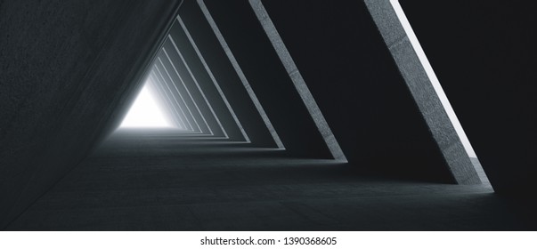 Empty Long Light Corridor. Modern concrete background. Futuristic Sci-Fi Triangle Tunnel. 3D Rendering