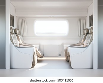 Empty Luxury Passenger Train Or Bus Interior With Grey Seats. Closeup Side View, Mockup Of Empty Tv Screen. 3D Rendering