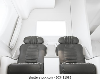 Empty Luxury Passenger Train Or Bus Interior With Grey Seats. Closeup Side View, Mockup Of Empty Tv Screen. 3D Rendering