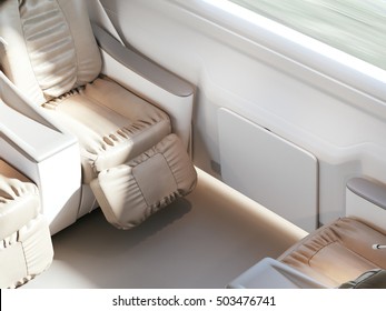 Empty Luxury Passenger Train Or Bus Interior With Grey Seats. Closeup Side View, Mockup Of Empty Tv Screen. 3D Rendering