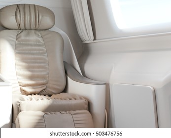 Empty Luxury Passenger Train Or Bus Interior With Grey Seats. Closeup Side View, Mockup Of Empty Tv Screen. 3D Rendering