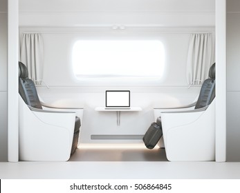 Empty Luxury Passenger Train Or Bus Interior With Grey Seats. Closeup Side View, Mockup Of Empty Tv Screen. 3D Rendering