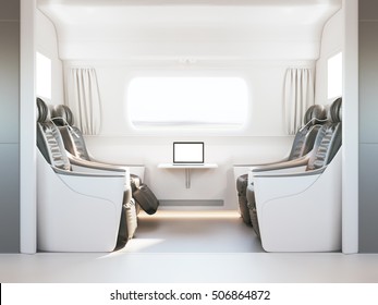 Empty luxury passenger train or bus interior with grey seats. closeup side view, mockup of empty tv screen. 3D rendering