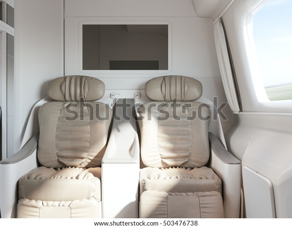 Empty\
luxury passenger train or bus interior with grey seats. closeup\
side view, mockup of empty tv screen. 3D\
rendering