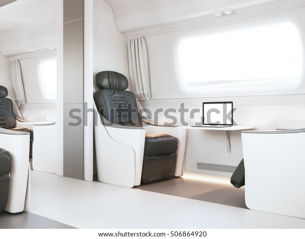 Empty\
luxury passenger train or bus interior with grey seats. closeup\
side view, mockup of empty tv screen. 3D\
rendering