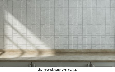 Empty Marbel Kitchen Counter, Alternating White Tiled Wall Under Morning Sunshine, Warm Kitchen Scene, 3d Rendering