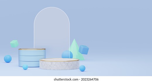 Empty Marble Cylinder Podium With Gold Border, Ball, Cone, Cube On Blue Glass Arch Background. Abstract Minimal Studio 3d Geometric Shape Object. Mockup Space For Display Of Product Design. 3d Render.