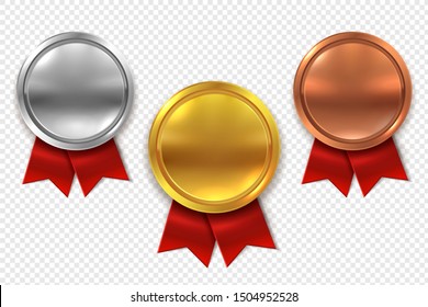 Empty Medals. Blank Round Gold Silver And Bronze Metal Medal With Red Ribbons Isolated Set