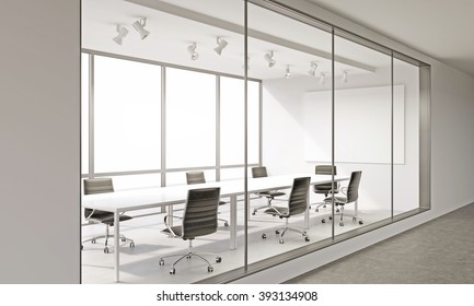 Empty Meeting Room In Office. Corridor View. Concept Of Business Meeting. Mock Up. 3D Render.