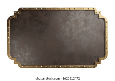 Empty Metal Plate With Brass Border, Isolated On A White Background. Steampunk Style. Clipping Path Included. 3d Illustration