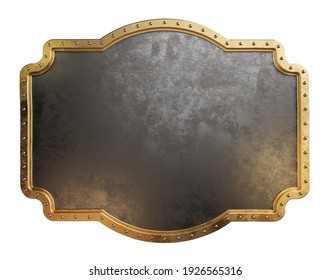 Empty Metal Plate With Brass Border. Steampunk Style. Clipping Path Included. 3d Illustration