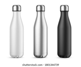 Empty Metal Reusable Water Sport Bottle Isolated On White Background. White, Silver And Black Water Bottles. Template Mockup. 3d Rendering