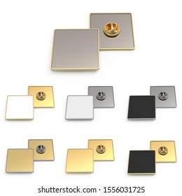 Empty Metal Square Brooch. 3d Illustration Mockup, Template For Presentation Of Company Logo. Lapel Badge On A Pin. Set Of Gold And Silver Color With White, Black, Metal Background.