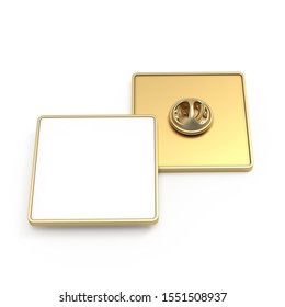Empty Metal Square Brooch. Gold Color With White Background. 3d Mockup, Template For Presentation Of Company Logo. Front And Back View. Lapel Badge On A Pin.