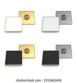 Empty Metal Square Brooch. Set Of Gold And Silver Color With White And Black Background. 3d Mockup, Template For Presentation Of Company Logo. Front And Back View. Lapel Badge On A Pin.