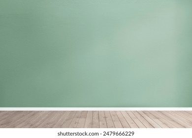 Empty mint green room interior design with natural light and wooden floor background