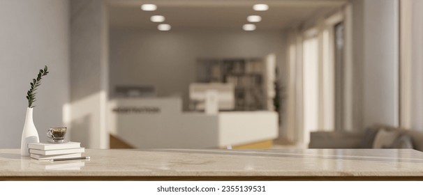 Empty mockup space on a marble tabletop for displaying your product with a blurred, modern white lobby or reception room in the background. 3d render, 3d illustration