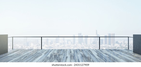 An empty modern balcony showcasing a panoramic urban skyline, projecting tranquility amid the city