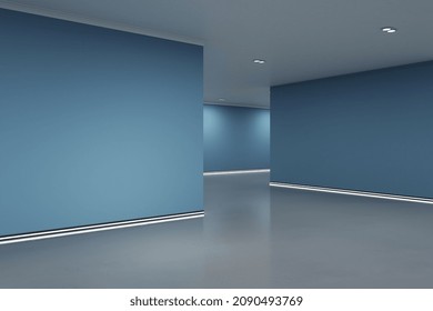 Empty Modern Blue Gallery Interior With Mock Up Place On Wall And Reflections On Floor. Art, No People, Museum And Exhibition Concept. 3D Rendering