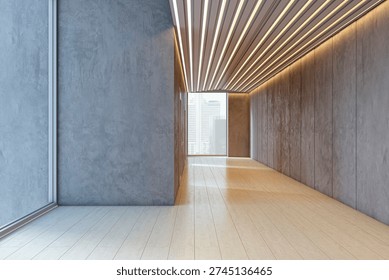 Empty modern corridor interior in contemporary style on bright indoors background, concept of architecture, 3D Rendering