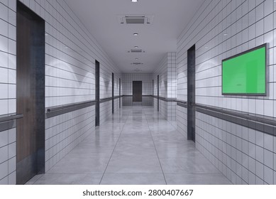 Empty modern corridor interior with tiled walls in realistic style on white background, concept of clean space, 3D Rendering