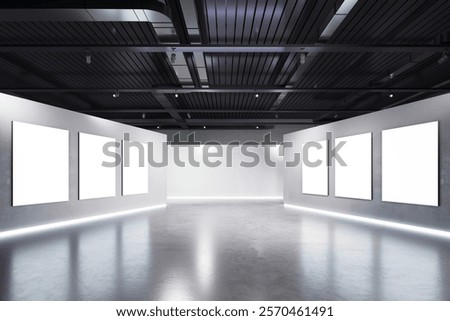 Empty modern gallery with blank frames on walls, polished floor, black ceiling panels, contemporary design, concept of creative space. 3D Rendering.