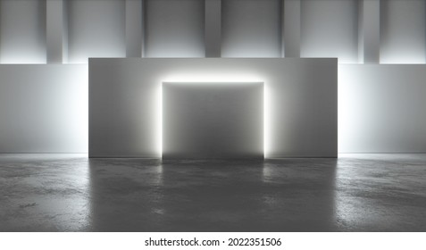 Empty Modern Gallery Interior Concrete Floor With Blank Decorative Wall And Glowing Light Pedestal. Museum And Exhibition Background Concept. 3D Rendering