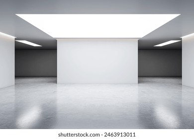 An empty modern gallery room with blank walls and a high ceiling with skylights, on a grey background, concept of a contemporary art space. 3D Rendering - Powered by Shutterstock