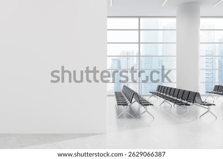 Empty modern interior with clean blank wall and rows of seats, 3D Rendering style, bright background with city view, concept of space and layout