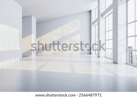 Empty modern interior with large windows and sunlight, minimalistic white walls and floor, bright spacious room, concept of clean design. 3D Rendering.