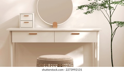Empty modern, minimal beige dressing table, gold handle drawer storage, round vanity mirror, stool, tree in cream wall bedroom in sunlight for luxury beauty, cosmetic, makeup product background 3D