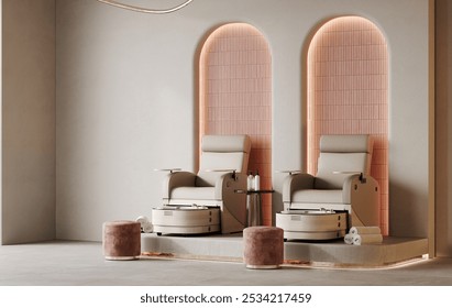 Empty modern nail salon features chairs for manicure and pedicure masters, 3d rendering - Powered by Shutterstock