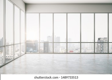 Empty Modern Office Interior With Bright City View. 3D Rendering 