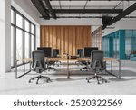 Empty modern open space office interior with wooden accent walls, large windows, and ergonomic chairs. Contemporary design on a bright background. Concept of workspace. 3D Rendering