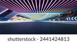 Empty modern racing circuit illuminated with vibrant led lights under a dusk sky. 3D render