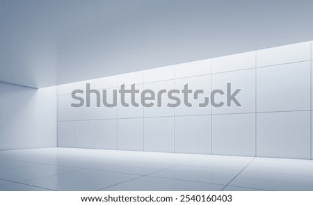 Empty modern room with clean tiled walls and floors, illuminated by soft lighting. Minimalist, cold grey tones, contemporary interior space. 3D Rendering