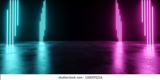 Empty Modern Sci Fi Futuristic Dark Room With Reflection Grunge Concrete Floor And Blue Purple Neon Glowing Electric Tube Shapes Lights With Black Background 3D Rendering Illustration