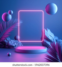 Empty Modern Stage Display With Neon Electric Light And Natural Concept Abstract Background 3d Render