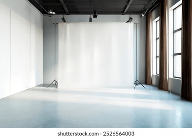 An empty modern studio featuring a clean backdrop, professional lighting, and large windows for natural light. 3D Rendering