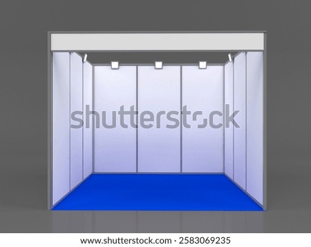 Empty modular 3x3 joint booth or Shell Scheme Booth, a trade show with blue carpet and spotlights illuminating white walls. 3d rendering illustration
