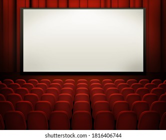 Empty Movie Theater Mockup With Blank White Screen. 3D Rendering, Movies Template With Copy Space, To Add Your Own Design In It