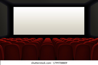 Empty movie theater with red seats. Commercial 3D rendering cinema template with blank screen, to add your own design in it - Powered by Shutterstock