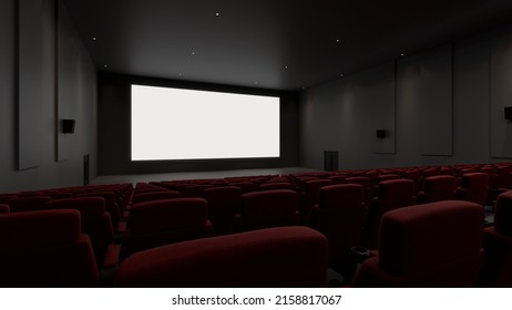 Empty Movie Theater White Screen Mockup, 3d Rendering