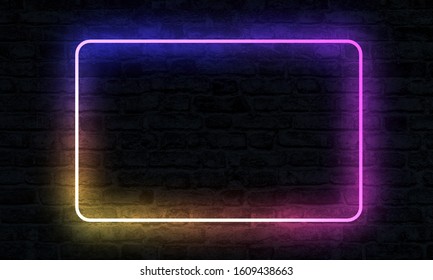 Empty Neon Sign with illumination on brick wall. 3D Rendering