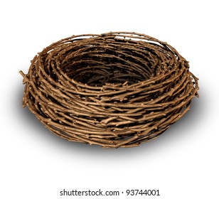 Empty Nest As A Symptom Of Children Growing Up And Leaving The Family House As A Result The Parents Feel Sad And Lonely As A Vacant Single Bird Nest Made Of Twigs On A White Background.