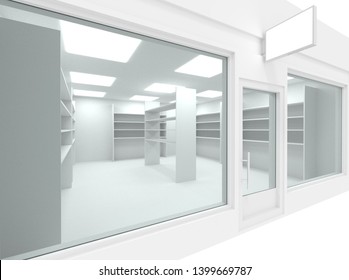 Empty New Shop Interior With Shelving And Clean Signboard Copy Space, Mock Up Design Store Interior, 3d Render Illustration. 