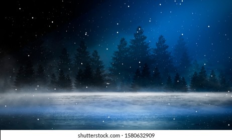 Empty night nature scene. The night starry sky, the rays of the blue neon spotlight. Snowy winter night background. - Powered by Shutterstock