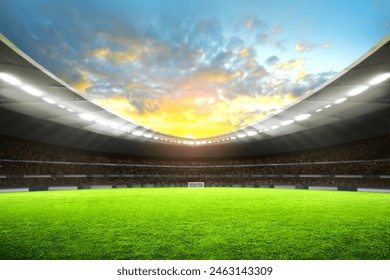 Empty nobody soccer stadium field with blue sky, soccer background - Powered by Shutterstock