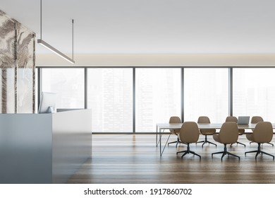 Empty Office Conference Meeting Room With Reception Desk Computer And Marbel Wall, Wooden Parquet. Panoramic Windows. City View. 3d Rendering