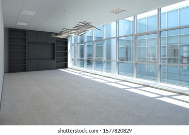 Empty Office In Corporate Building With Glass View On Atrium. 3D Rendering